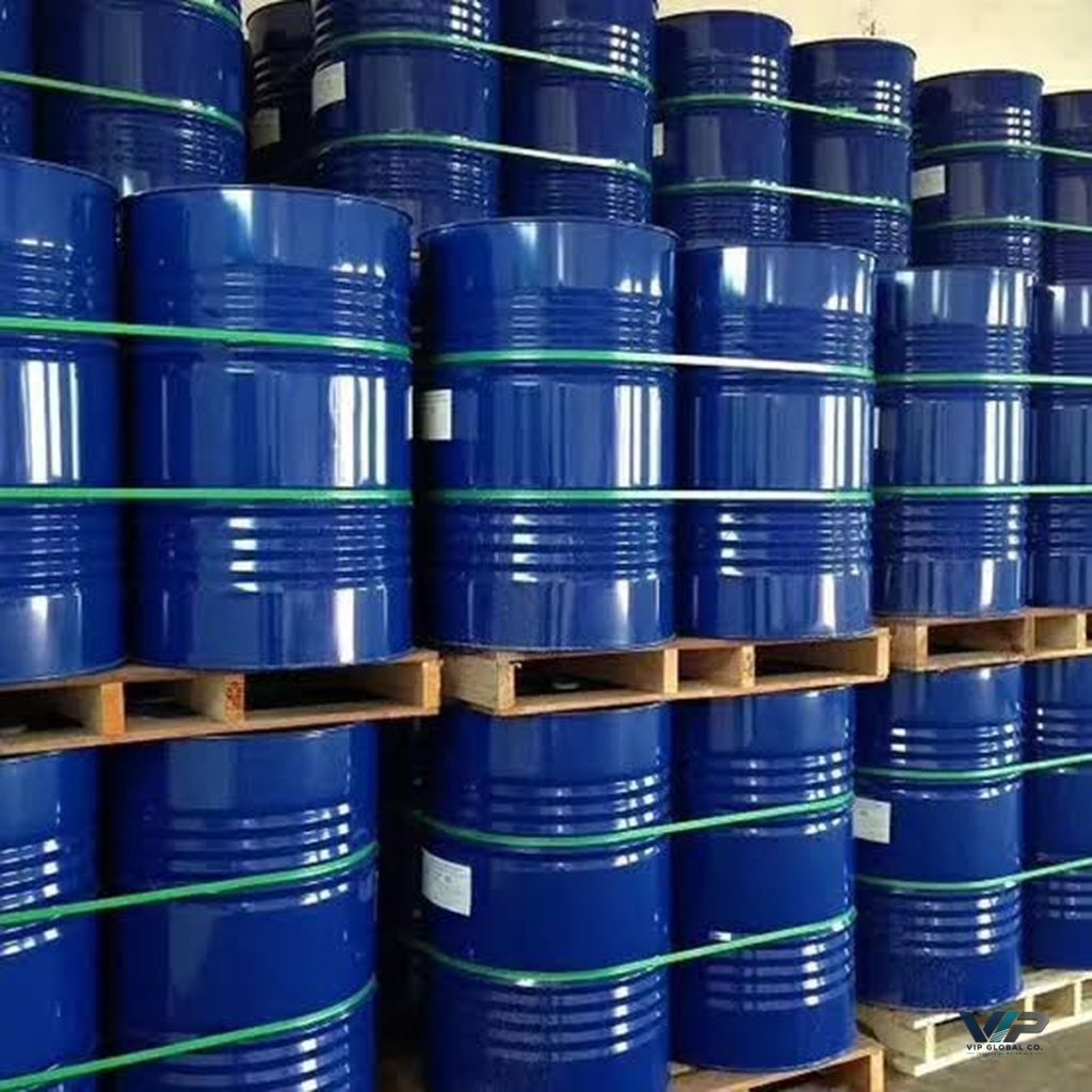 Industrial resin drums stored in a warehouse for regional supply