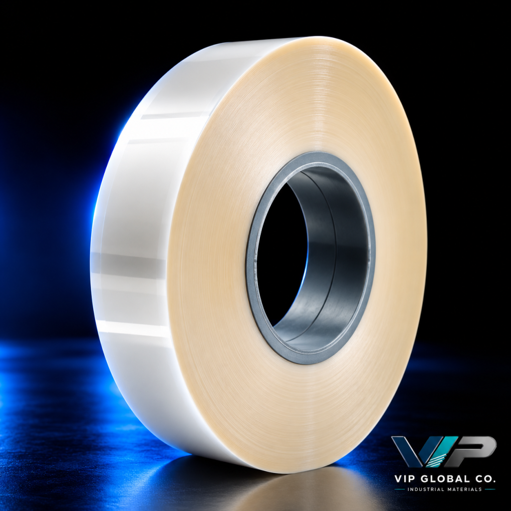 Industrial polyester film roll on a black background with subtle blue lighting – VIP Global Co.