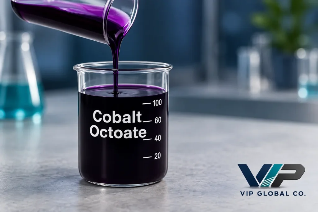 Violet cobalt octoate solution in a glass beaker with VIP Global Co. logo
