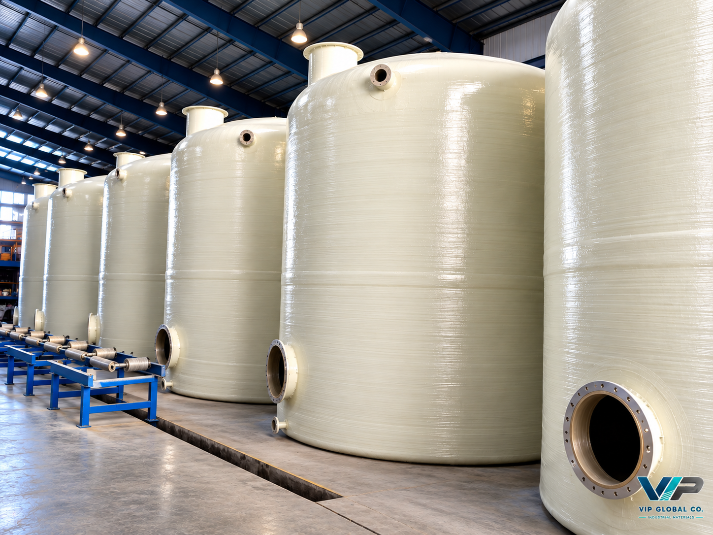 Industrial GRP fiberglass storage tanks at a manufacturing facility – VIP Global Co.