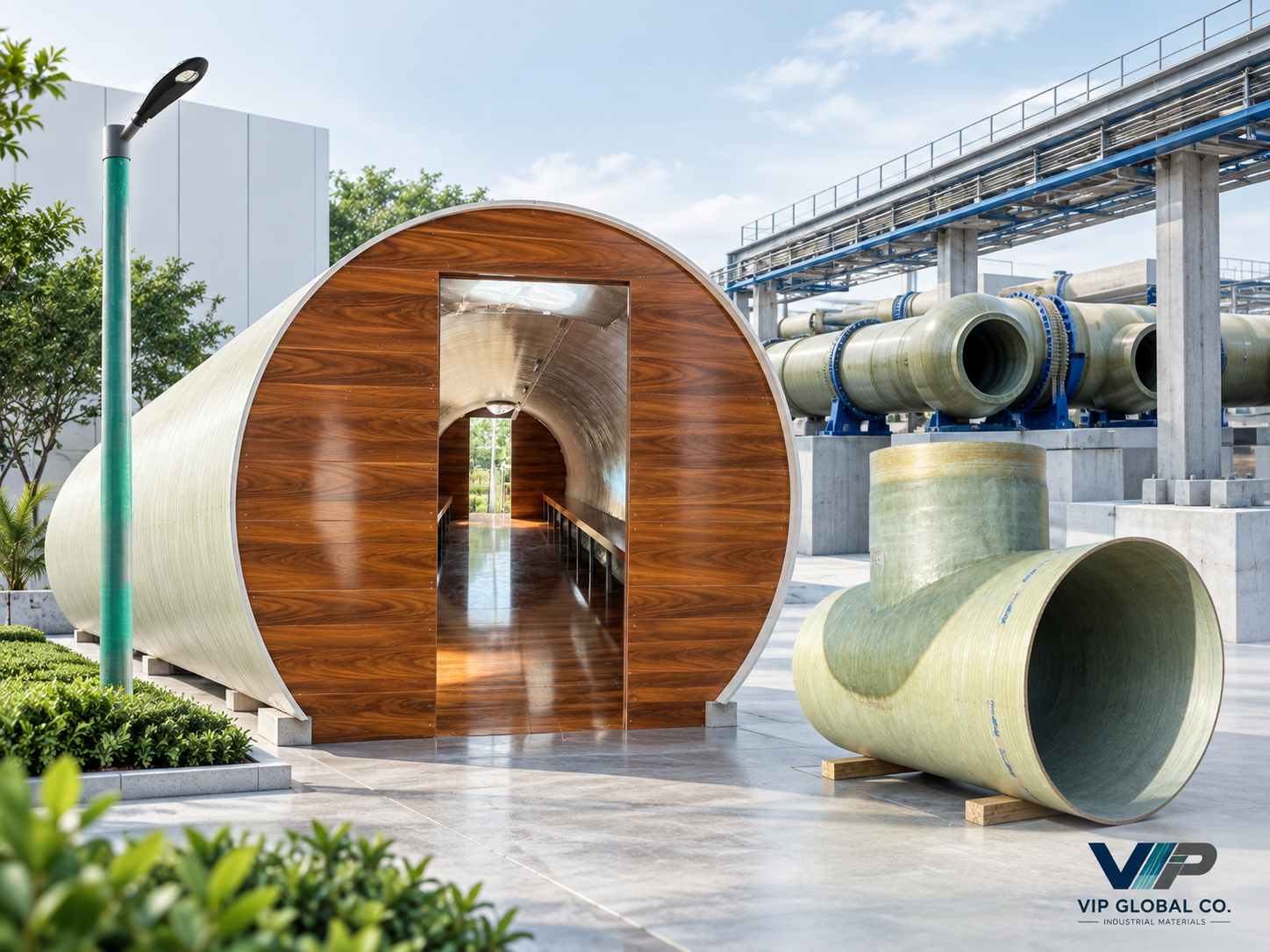 Industrial and engineered GRP solutions including FRP pipes, tanks, lamp posts and custom composite products by VIP Global Co.