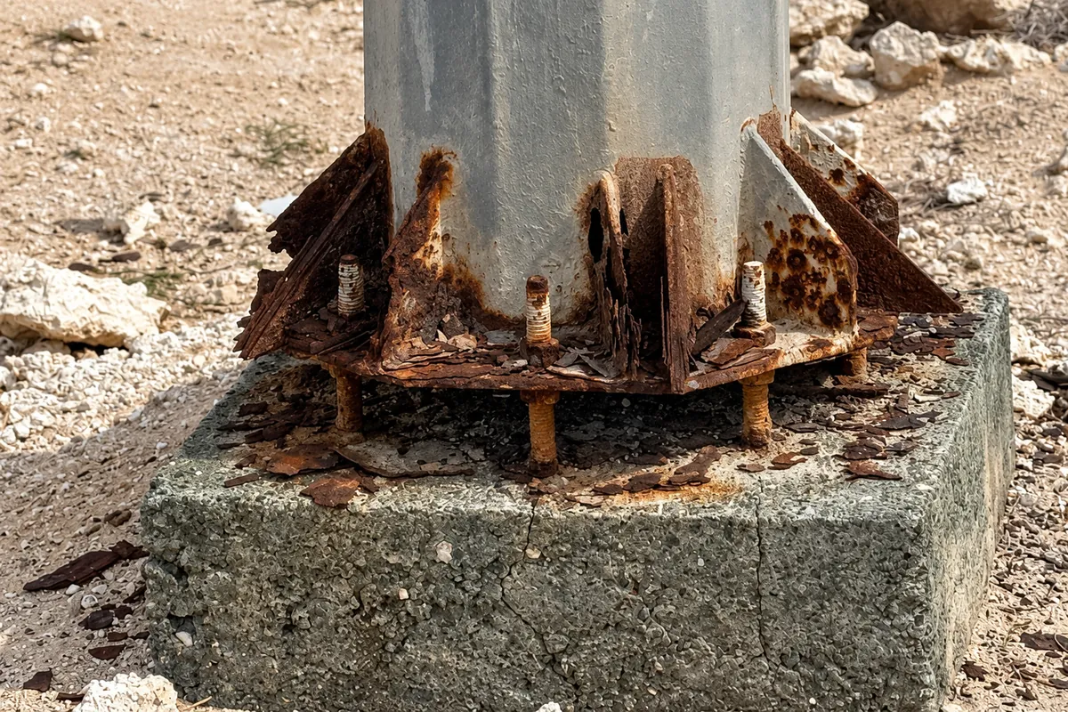 Severe corrosion at the lower section and connection of a steel lighting column.