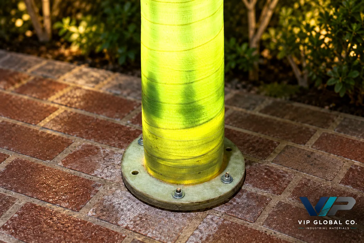 Illustrative reconstruction of a composite lamp post base and glass-fibre reinforcement detail.