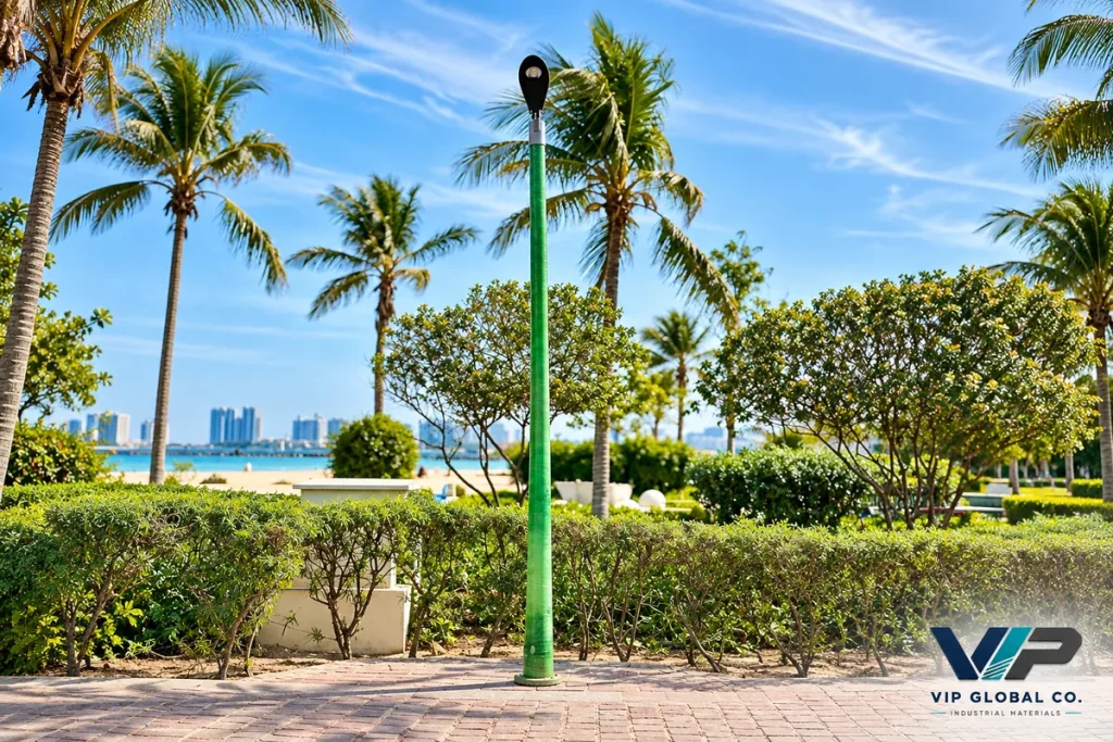 Illustrative reconstruction of GRP / FRP composite lamp posts in a coastal landscape.