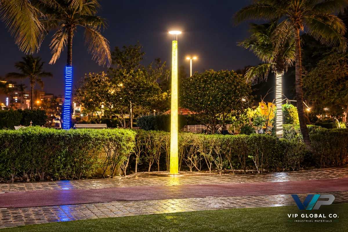 Illustrative reconstruction of translucent composite lamp posts with decorative internal illumination at night.