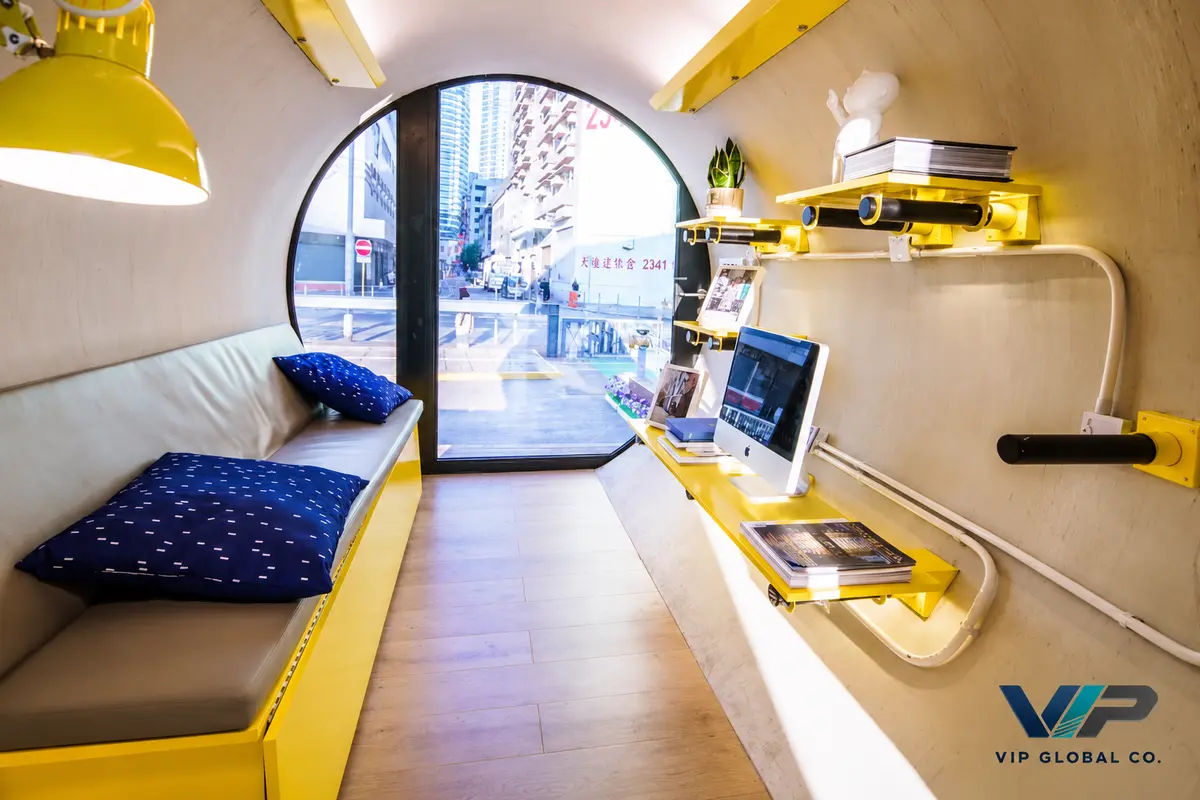 Tubular accommodation layout inspiration with seating and compact furnishings